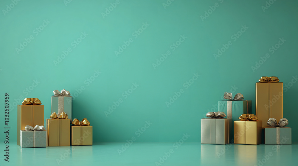 Brightly colored gift boxes in gold and silver are arranged against vibrant turquoise background Brightly colored gift boxes in gold and silver are arranged against vibrant turquoise background