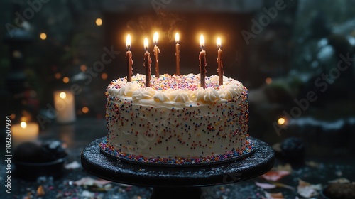 Lit candles on a festive birthday cake with colorful sprinkles, set against a moody background, creating a warm and inviting atmosphere.