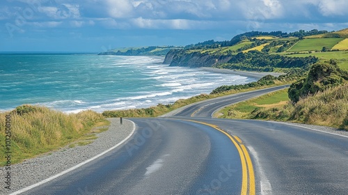 Scenic coastal road winding along the ocean with cliffs and lush greenery.