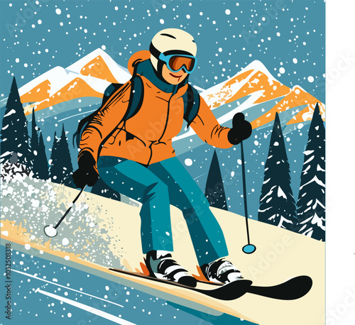 Skier rides in snowy forest, winter landscape, mountain background. EPS 10 vector 