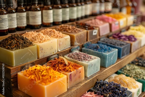 Colorful Display of Handmade Soaps and Essential Oils