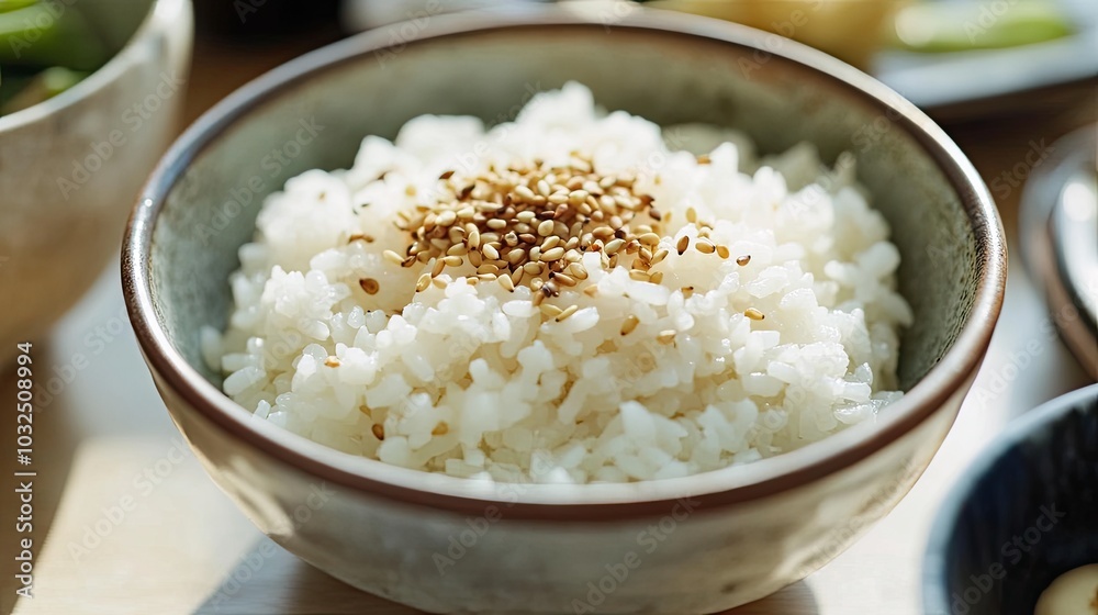 Simple yet appetizing bowl of cooked rice topped with sesame seeds, with a focus on texture and simplicity in a clean presentation. Simple yet appetizing bowl of cooked rice topped with sesame seeds, with a focus on texture and simplicity in a clean presentation.