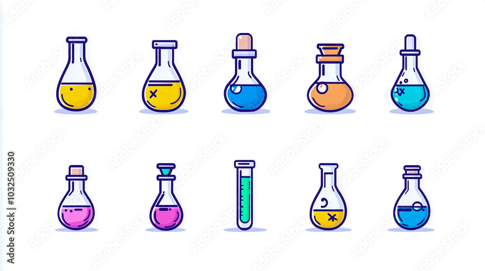 A cartoon laboratory equipment, with test tubes and beakers filled with different colored liquids. A cartoon laboratory equipment, with test tubes and beakers filled with different colored liquids.