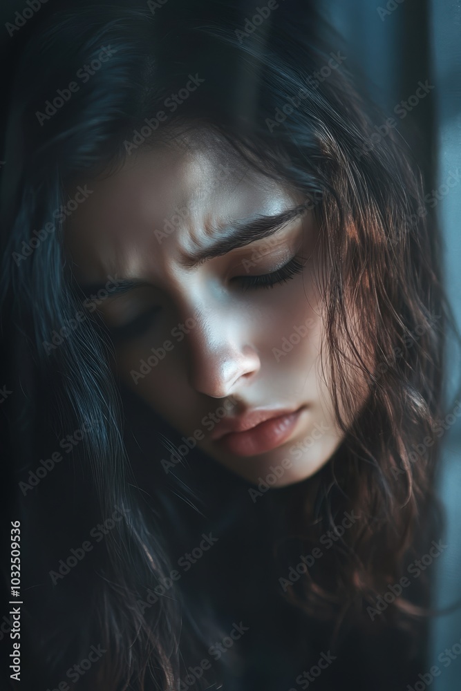 Close Up Portrait of Sad Young Woman with Eyes Closed Mental Health Concept Close Up Portrait of Sad Young Woman with Eyes Closed Mental Health Concept