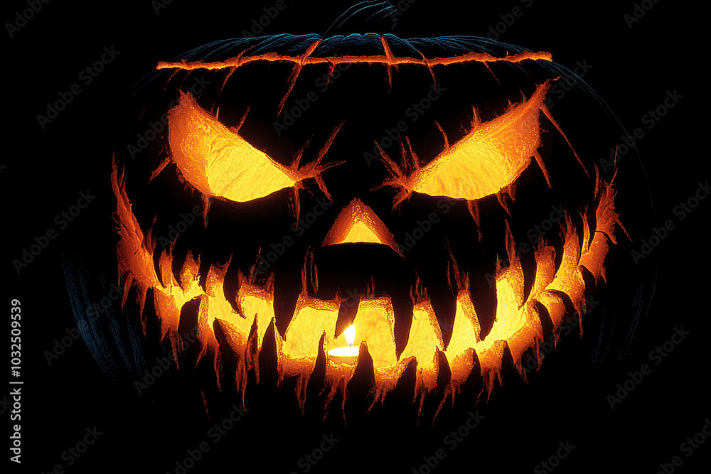 Glowing Jack-o'-lantern Face at Night Glowing Jack-o'-lantern Face at Night