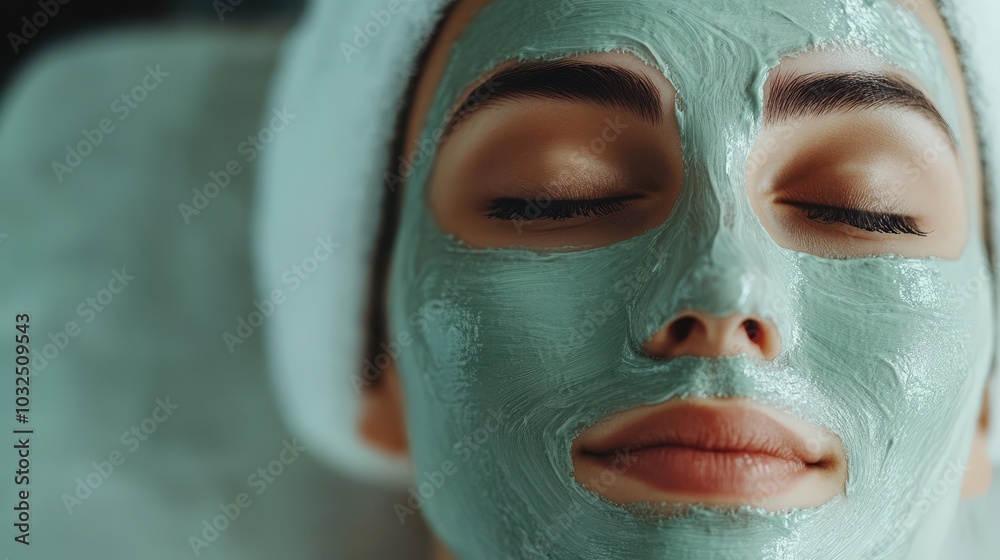 Fototapeta premium Woman with Green Facial Mask Beauty Spa Treatment Relaxing Skincare Routine