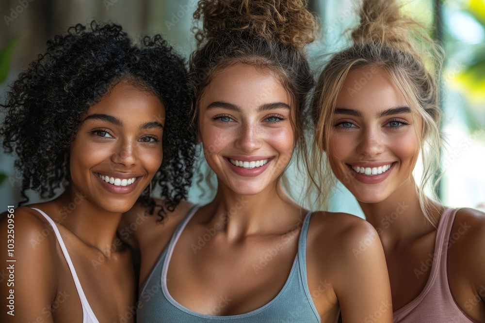 Fitness friends having fun together in a yoga studio, Generative AI Fitness friends having fun together in a yoga studio, Generative AI