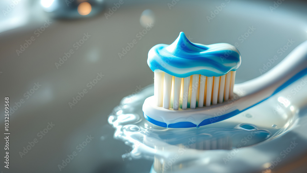 Blue and white mint toothpaste squees onto a toothbrush, bathroom sink as background. Blue and white mint toothpaste squees onto a toothbrush, bathroom sink as background.