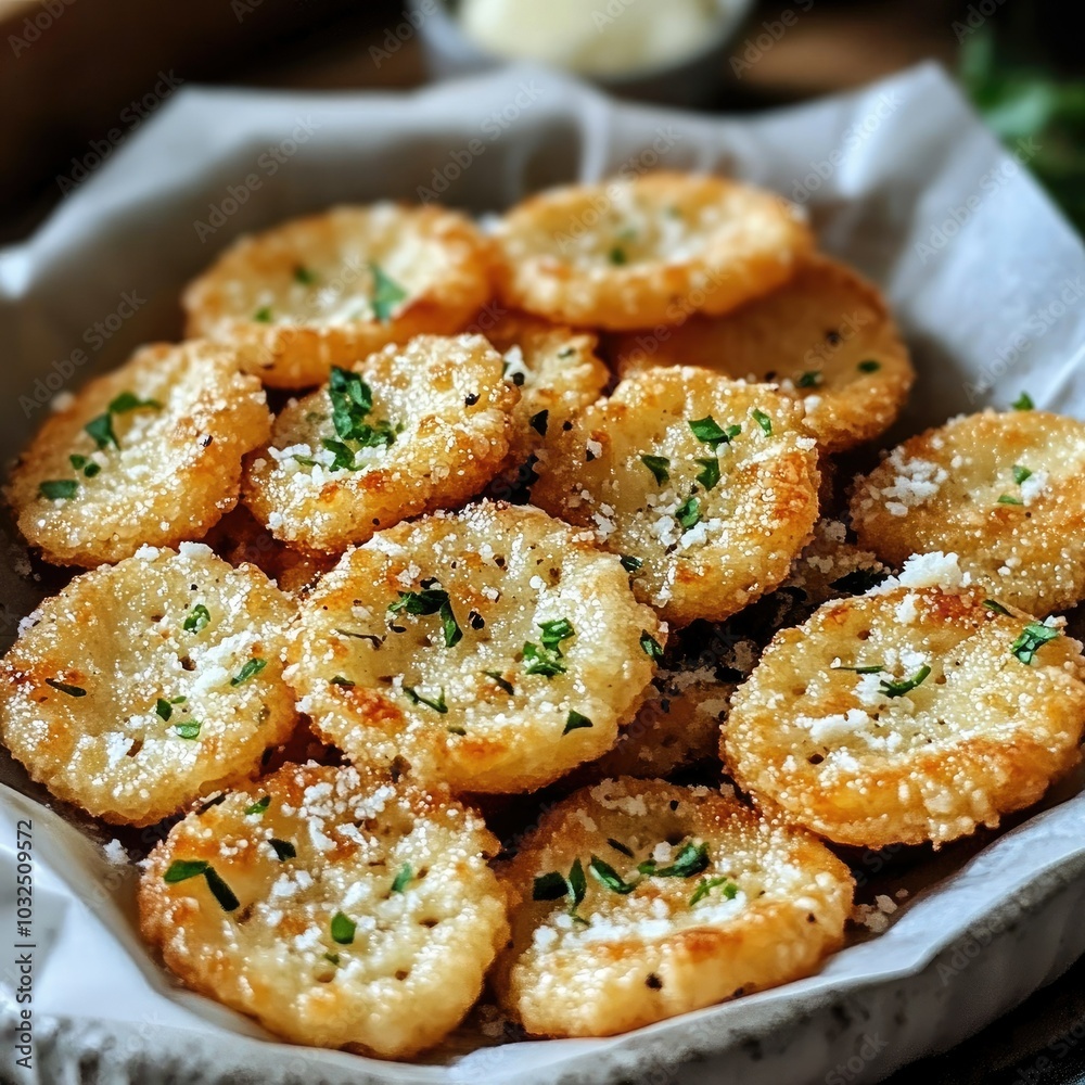 Crispy Parmesan Crackers with Parsley Garnish Crispy Parmesan Crackers with Parsley Garnish