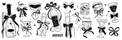 Alcohol cocktail doodle set, vector coquettish woman hand with wine glass, ribbon bow, champagne. Holiday celebration retro beverages party print, bachelorette bar illustration. Alcohol cocktail menu