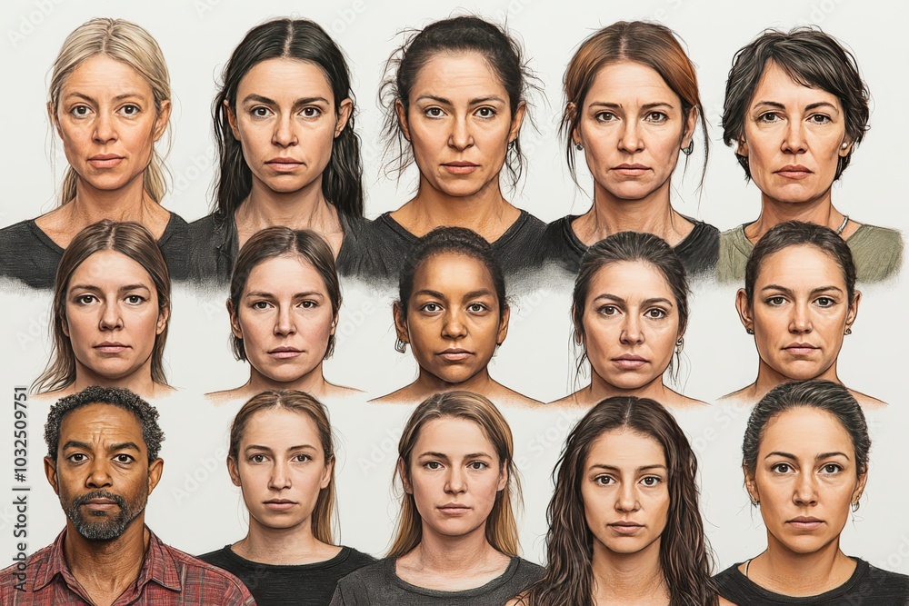 Portraits of diverse faces in neutral expressions symbolizing human diversity individuality and the universality of human experience in a simple contemporary composition Portraits of diverse faces in neutral expressions symbolizing human diversity individuality and the universality of human experience in a simple contemporary composition