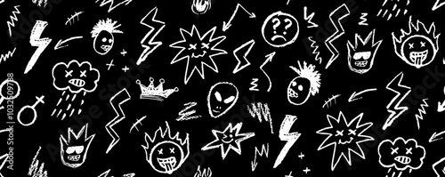 Grunge rock seamless pattern with doodle elements. Wax pencil drawing face with tongue out, cartoon thunderbolt like children pen drawing and other rock n roll style white color vector elements