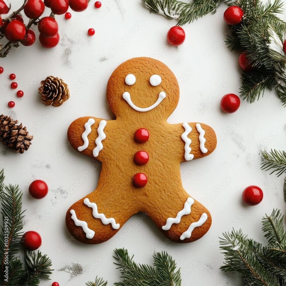 Gingerbread Man Christmas Cookie with Red and White Icing on White Background with Pine Sprigs Gingerbread Man Christmas Cookie with Red and White Icing on White Background with Pine Sprigs