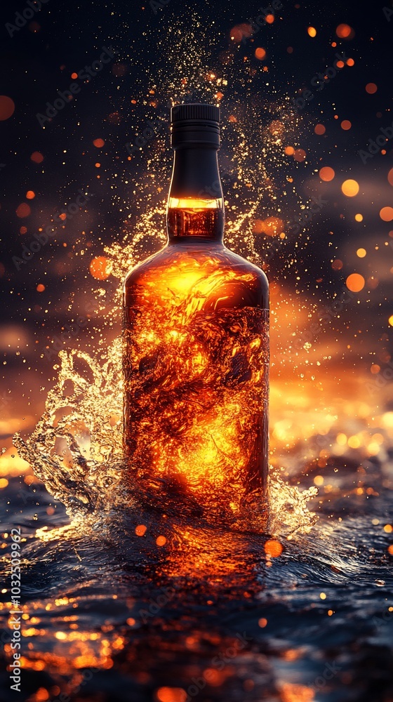 A bottle of whiskey surrounded by swirling water and fire, creating a dramatic and fiery effect. A bottle of whiskey surrounded by swirling water and fire, creating a dramatic and fiery effect.
