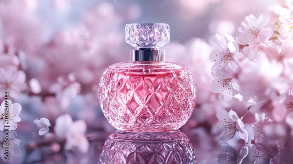 Elegant perfume bottle surrounded by cherry blossoms on a reflective surface in a serene setting Elegant perfume bottle surrounded by cherry blossoms on a reflective surface in a serene setting
