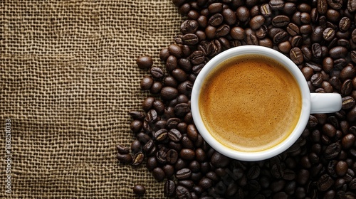 Coffee Cup on Burlap with Roasted Beans Overhead View