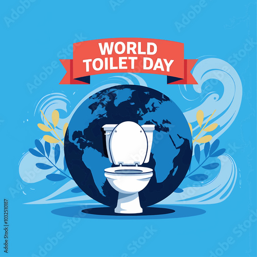 Vector design for World Toilet Day featuring the globe with a toilet, promoting global sanitation and hygiene awareness. Ideal for campaigns.