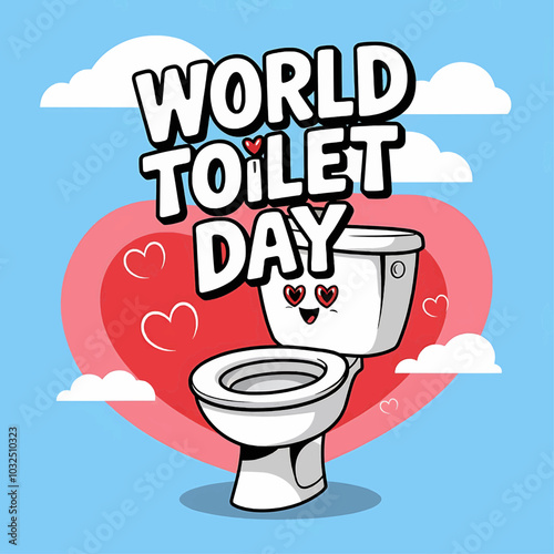 Fun vector for World Toilet Day, with a toilet in front of a heart background, promoting sanitation awareness and global health.