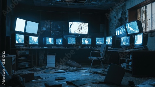Abandoned Control Room with Multiple Monitors