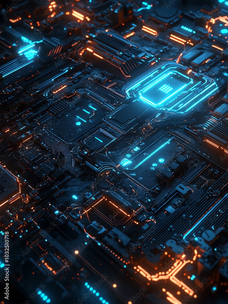Futuristic circuit board with glowing elements