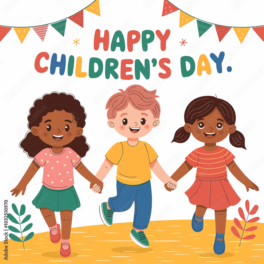Vector design for Happy Children's Day featuring children holding hands in a cheerful setting, great for educational and festive content. Vector design for Happy Children's Day featuring children holding hands in a cheerful setting, great for educational and festive content.