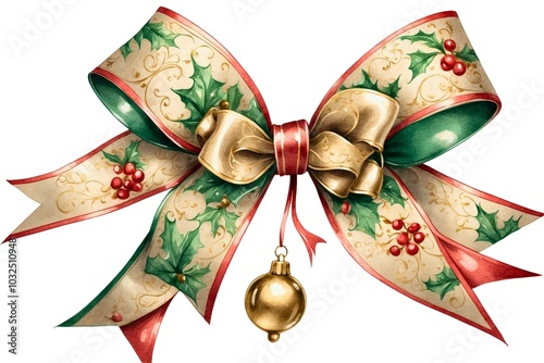 Vintage watercolor christmas bow illustration on isolated white background, holiday winter theme concept texture design.
