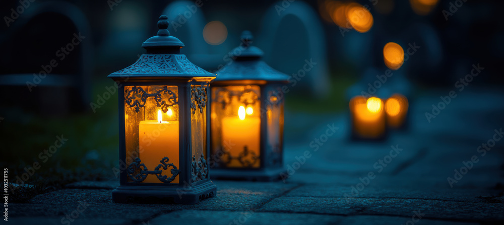 Lanterns with Burning Candles on the Cemetery Ground Lanterns with Burning Candles on the Cemetery Ground