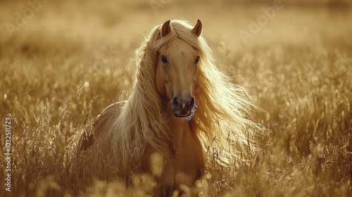 Majestic white horse galloping through golden grass fields during a cloudy af...