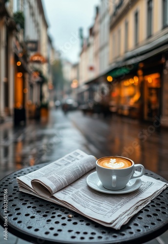 A cozy coffee cup on a table in a charming alleyway with shops on a rainy mor...