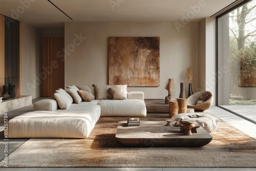 Modern Earth-Tone Interior. An earth-toned, modern living room with cozy furniture and abstract wall art. Perfect for promoting warm, inviting home, Generative AI