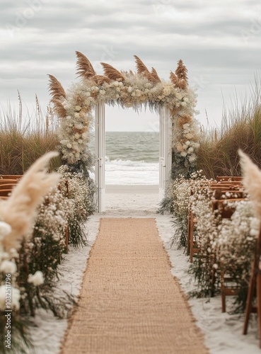 Elegant beachside wedding setup with floral decorations, wooden chairs, and a...