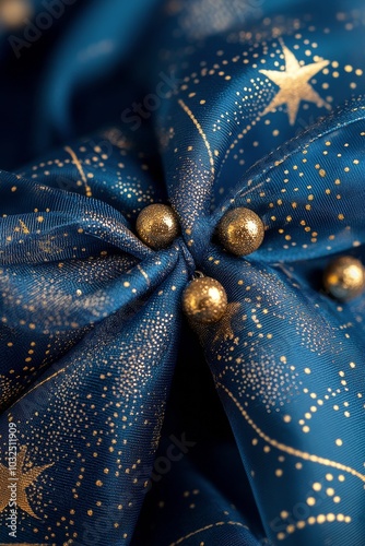 Elegant blue fabric adorned with golden stars and decorative balls captured i...