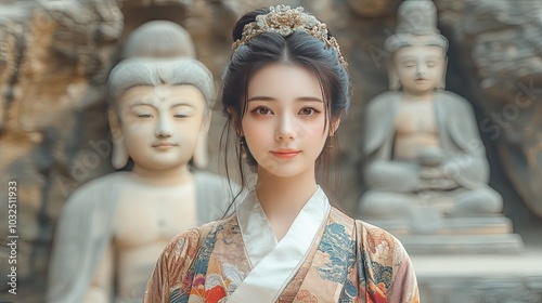 Young Woman in Traditional Chinese Clothing with Stone Buddha Statues in Background