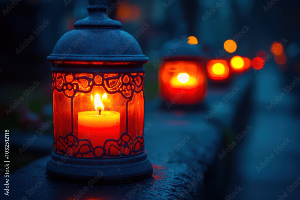 Memorial Lanterns with Candles at a Cemetery Memorial Lanterns with Candles at a Cemetery
