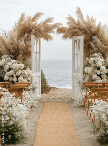 Elegant beachside wedding setup with floral decorations, wooden chairs, and a...