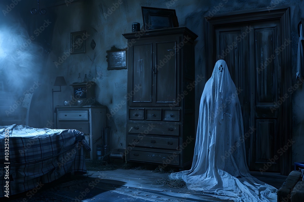 Eerie Encounter: A Ghostly Figure in a Dimly Lit Room Eerie Encounter: A Ghostly Figure in a Dimly Lit Room