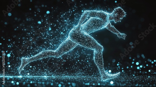 Digital representation of a runner in motion using glowing particles against ...