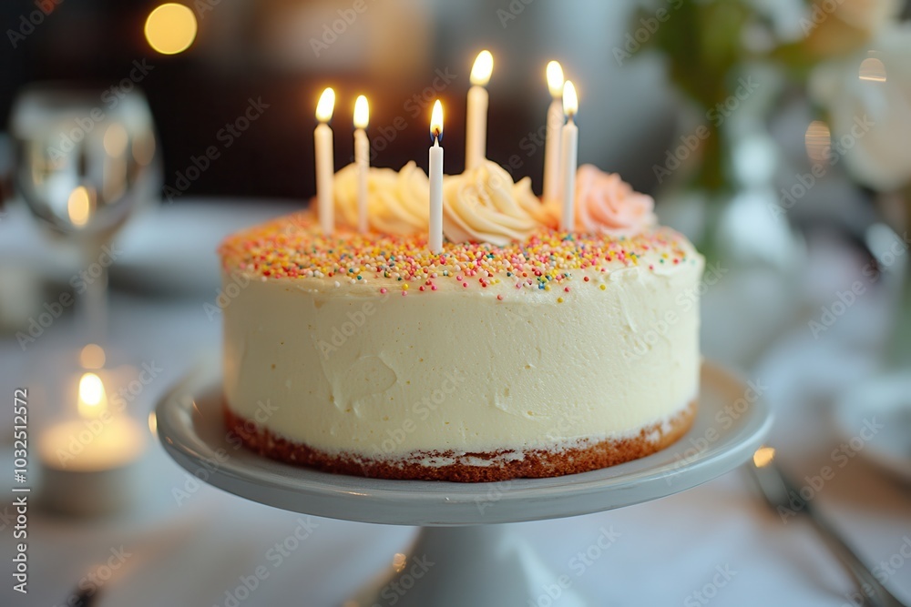A beautifully decorated birthday cake with lit candles, ready for celebration. Perfect for festive occasions and special gatherings.