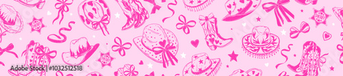 Western cowgirl seamless pattern, vector bachelorette party Texas texture, cowboy girly hat, boots. Traditional American wild west party background, pink doodle coquettish print. Cowgirl pattern