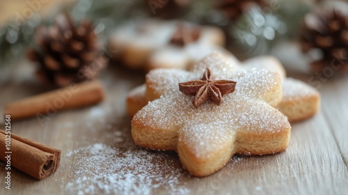 A close-up of a tasty and decorated Christmas cookie sprinkled with sugar and cinnamon