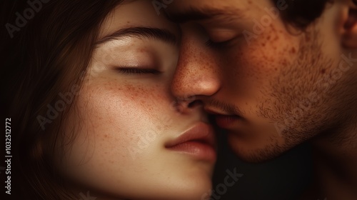 A close-up moment of affection between a young couple sharing a tender kiss in a soft-lit setting