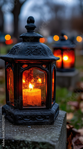 Decorative lanterns on a cemetery with candles inside