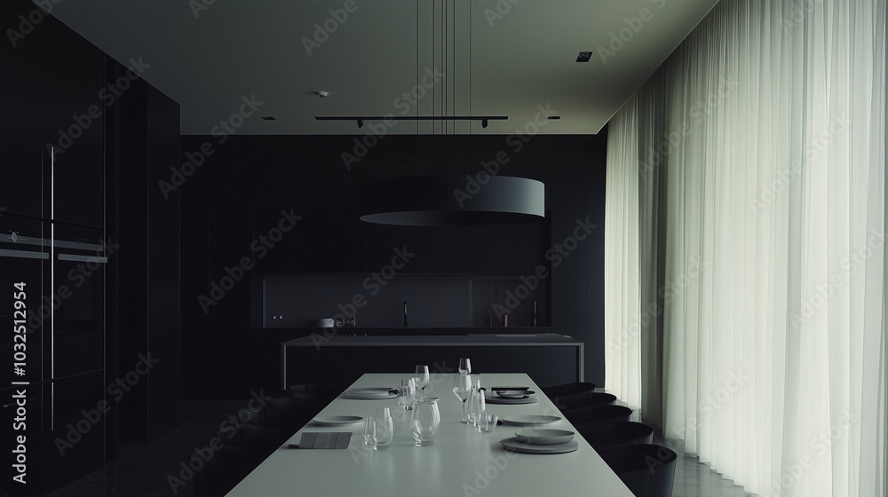 Minimalist dining area featuring a simple table setting and sleek black pendant lighting Minimalist dining area featuring a simple table setting and sleek black pendant lighting