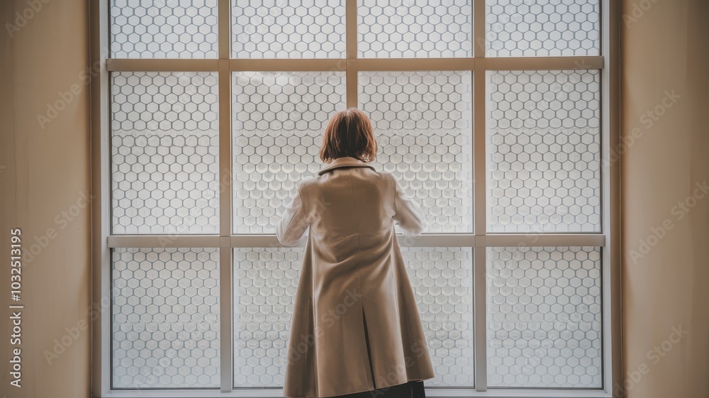 Woman in coat looking out hexagon-patterned window
