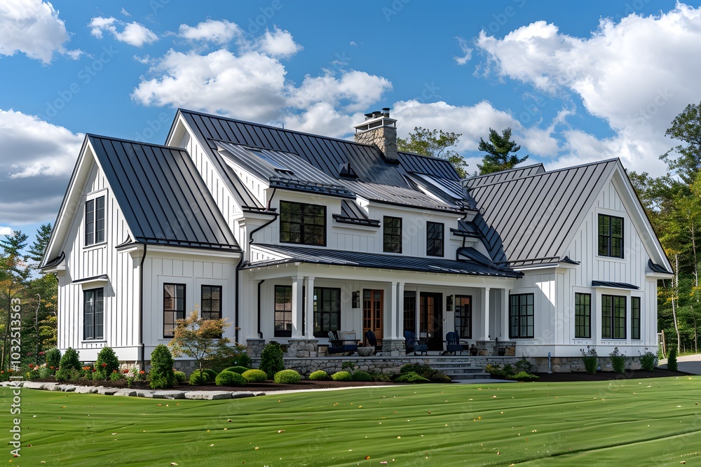 Fototapeta premium Stunning Modern Farmhouse with Elegant Design and Lush Green Lawn
