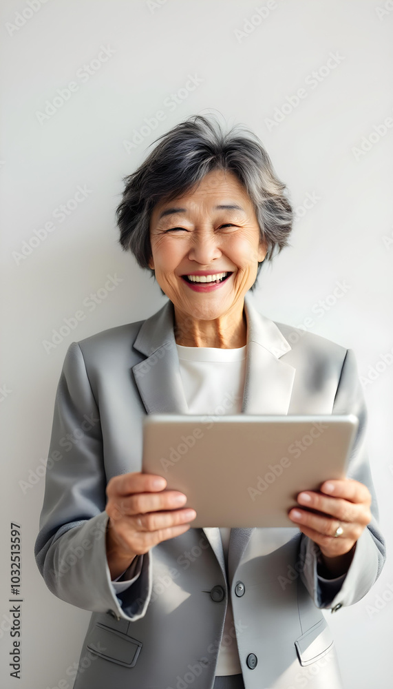 an old Japan woman holding a tablet screen white empty an old Japan woman holding a tablet screen white empty