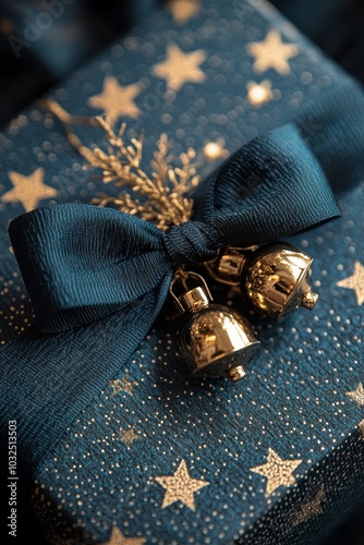 Elegant blue fabric adorned with golden stars and decorative balls captured i...