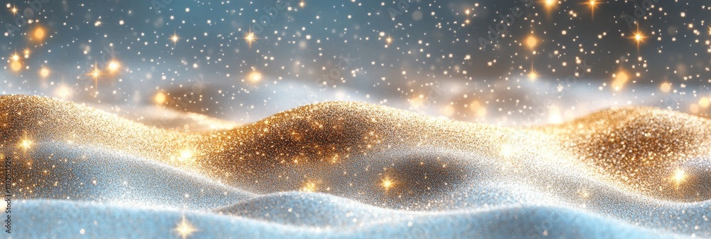 Sparkling sand dunes illuminated by starry night and glowing light reflections in a serene landscape