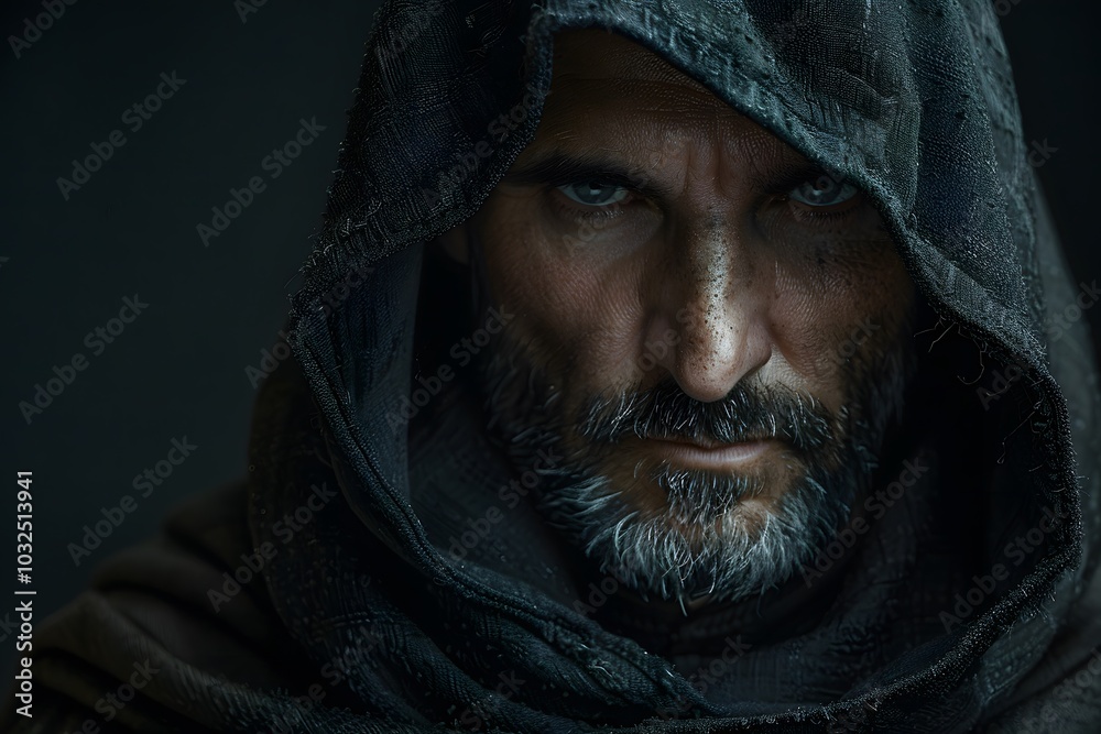 Intense Gaze of a Mysterious Figure in a Dark Hooded Cloak Intense Gaze of a Mysterious Figure in a Dark Hooded Cloak