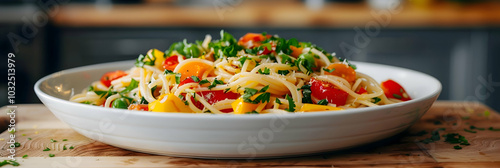 Vegan pasta primavera with a variety of  vegetables